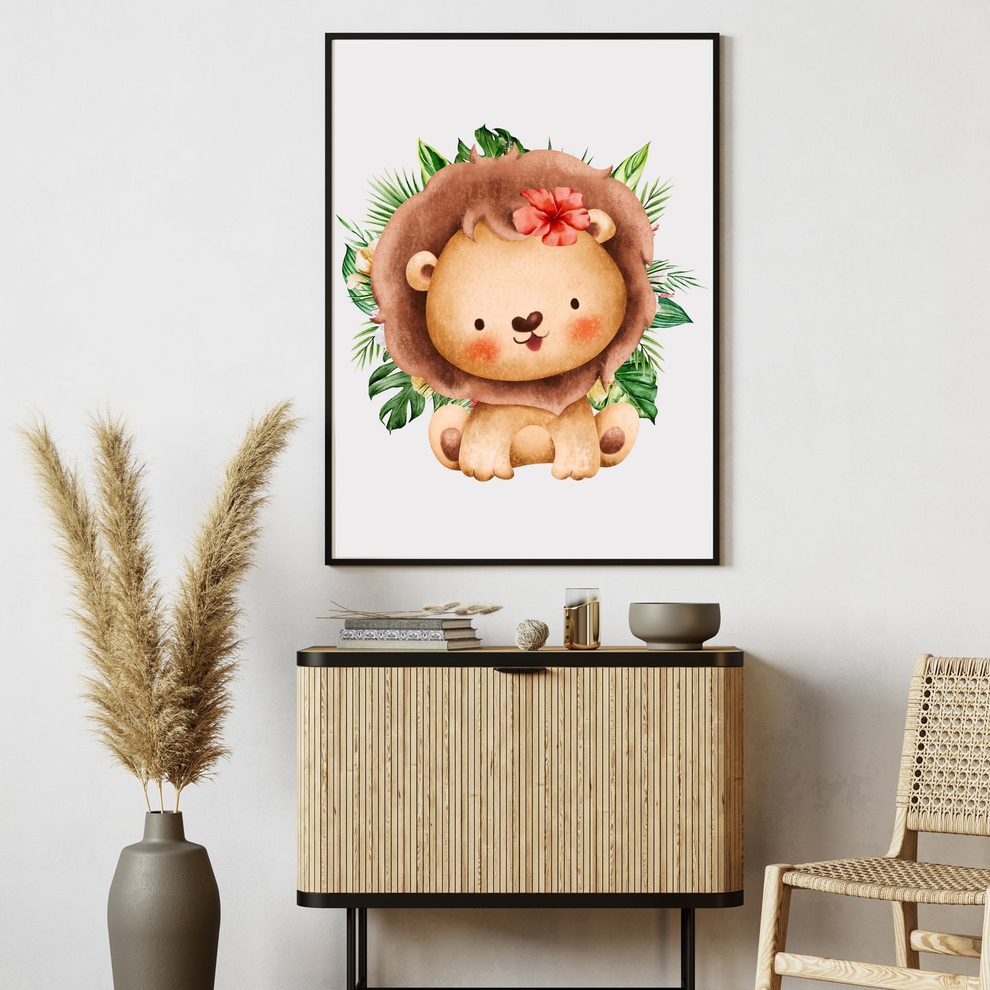 Adorable Lion with Tropical Foliage Poster