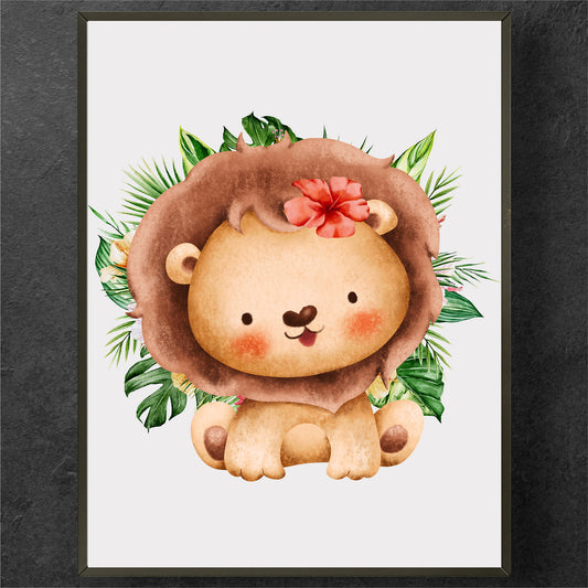 Adorable Lion with Tropical Foliage Poster